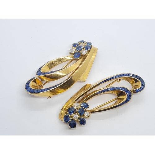 315 - 2x matching 18ct gold brooches with top quality diamonds and sapphires, weight 23.4g and 5cm long ap... 