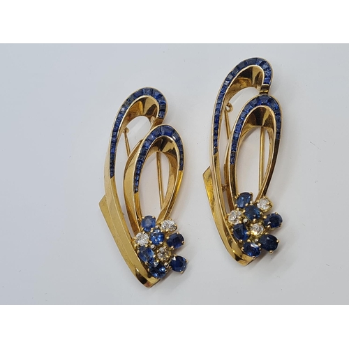 315 - 2x matching 18ct gold brooches with top quality diamonds and sapphires, weight 23.4g and 5cm long ap... 