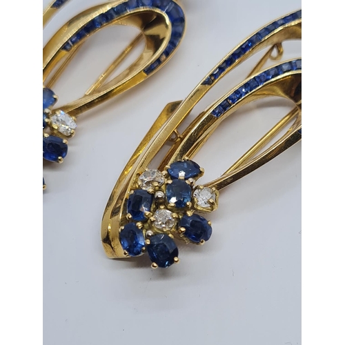 315 - 2x matching 18ct gold brooches with top quality diamonds and sapphires, weight 23.4g and 5cm long ap... 