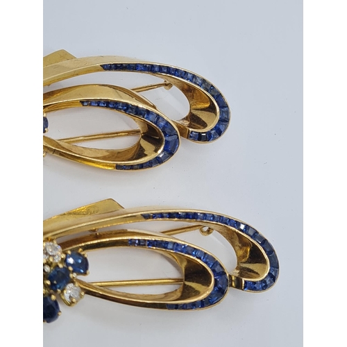 315 - 2x matching 18ct gold brooches with top quality diamonds and sapphires, weight 23.4g and 5cm long ap... 