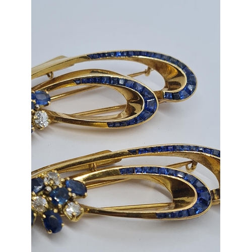 315 - 2x matching 18ct gold brooches with top quality diamonds and sapphires, weight 23.4g and 5cm long ap... 