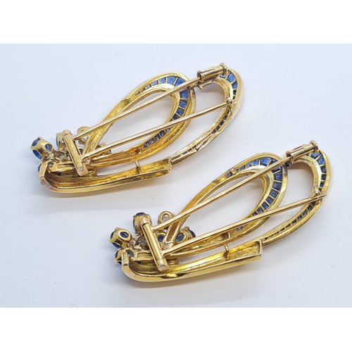 315 - 2x matching 18ct gold brooches with top quality diamonds and sapphires, weight 23.4g and 5cm long ap... 