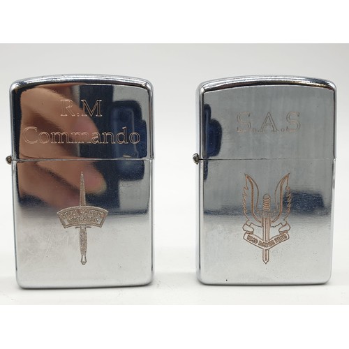 166 - 4 x New Wind Proof Lighters with logos from the Royal Marines, S.A.S, Parachute Regiment and the Roy... 