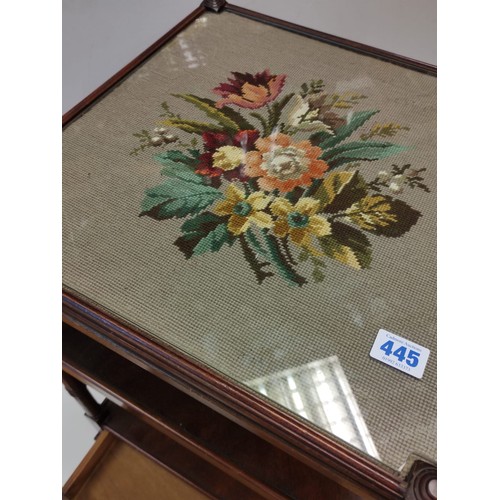 445 - An occasional Table with 2 shelves and bottom draw with an embroidery  under glass top 46 x 46 cm & ... 