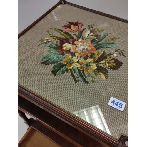 445 - An occasional Table with 2 shelves and bottom draw with an embroidery  under glass top 46 x 46 cm & ... 