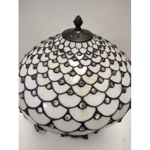 489 - Tiffany style mushroom Lamp 60 cms tall and 42 cm diameter. Scratched on one panel.