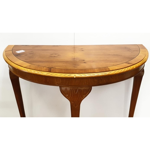 296 - Small table, semi circular hall table. 73cm tall, width 40cm x 75cm.
