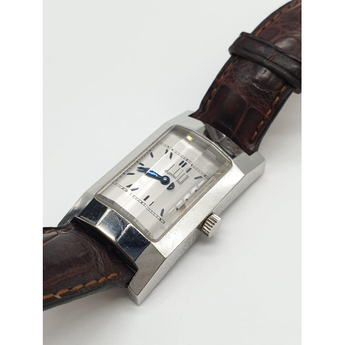 113 - Dunhill Tank Style Watch, angled glass, with a brown leather strap, Watch Face is 35 x 24mm