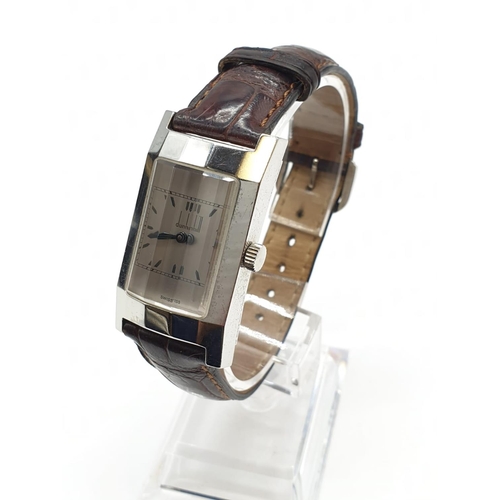 113 - Dunhill Tank Style Watch, angled glass, with a brown leather strap, Watch Face is 35 x 24mm