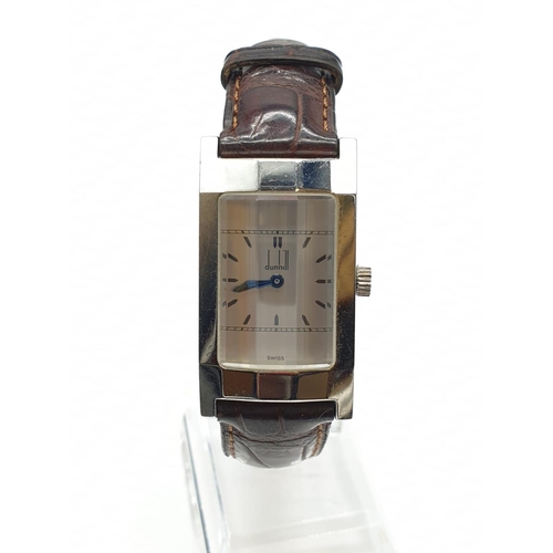 113 - Dunhill Tank Style Watch, angled glass, with a brown leather strap, Watch Face is 35 x 24mm