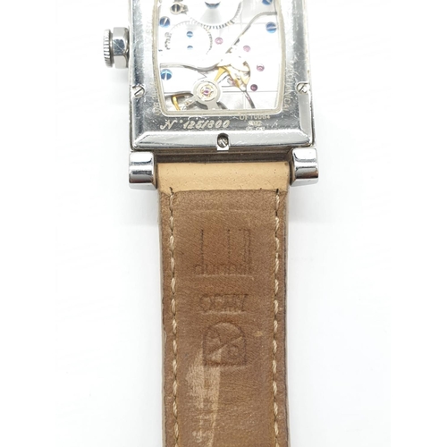 138 - Dunhill Tank Style Watch, leather strap, Face 26mm x 35mm, Skeleton Back