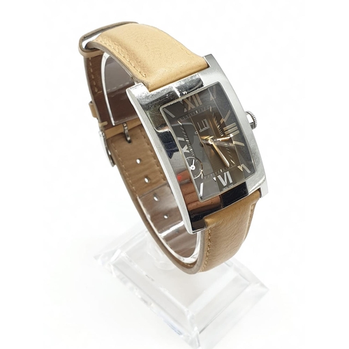 138 - Dunhill Tank Style Watch, leather strap, Face 26mm x 35mm, Skeleton Back