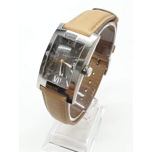 138 - Dunhill Tank Style Watch, leather strap, Face 26mm x 35mm, Skeleton Back