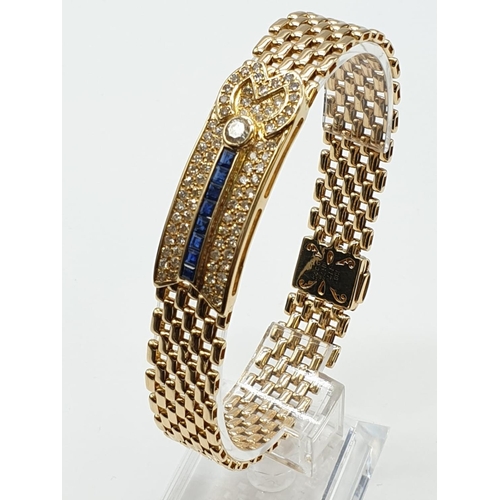 99 - 18ct Yellow Gold, Gate Bracelet with Sapphire and Diamond, Weight 48.93g, Length 22cm Width 14mm apr... 