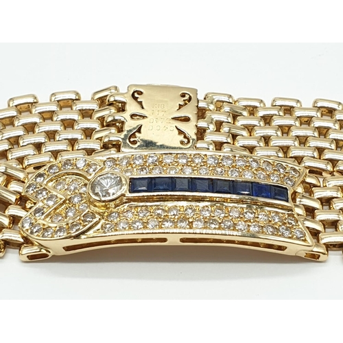 99 - 18ct Yellow Gold, Gate Bracelet with Sapphire and Diamond, Weight 48.93g, Length 22cm Width 14mm apr... 