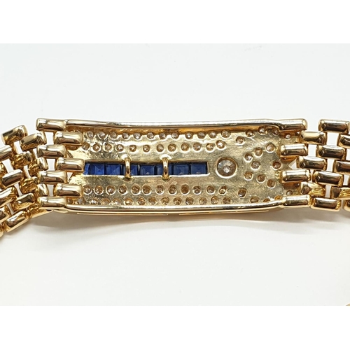 99 - 18ct Yellow Gold, Gate Bracelet with Sapphire and Diamond, Weight 48.93g, Length 22cm Width 14mm apr... 