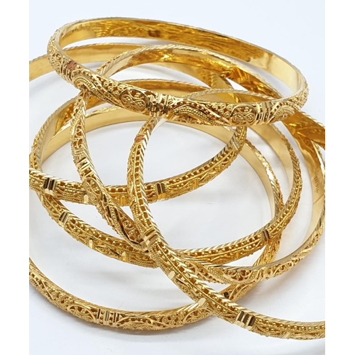 194 - Set of 6x 22ct yellow gold bangle with decorated filigree work, weight 77.1g and 6.5cm wide approx