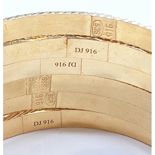 194 - Set of 6x 22ct yellow gold bangle with decorated filigree work, weight 77.1g and 6.5cm wide approx