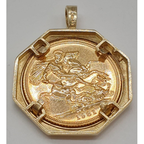 21 - 1981 sovereign (8g of 22ct gold)set in 9ct gold octagonal mount.11.2grams and 3.5cm drop.