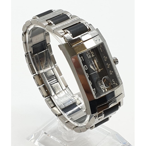 28 - Dunhill men's tank watch with metal & leather strap. Face width 2.5cm, Length 4cm.