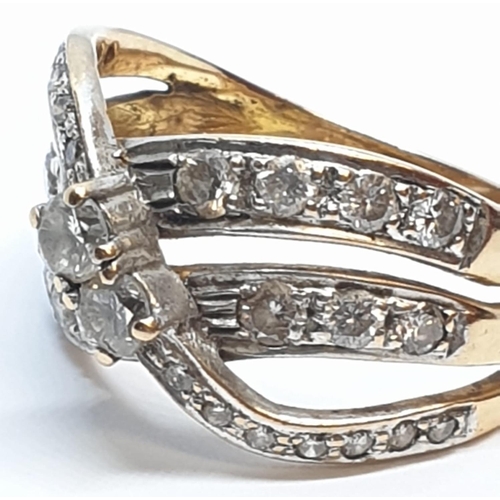 132 - 18ct Yellow gold diamond set fancy three row twist band ring. Weight 8.5g, Approx. 0.60ct of diamond... 