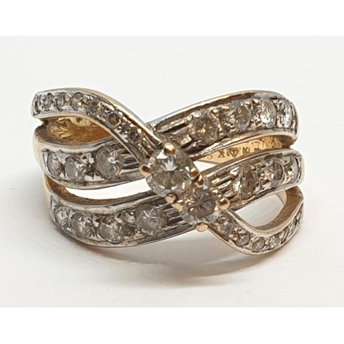 132 - 18ct Yellow gold diamond set fancy three row twist band ring. Weight 8.5g, Approx. 0.60ct of diamond... 