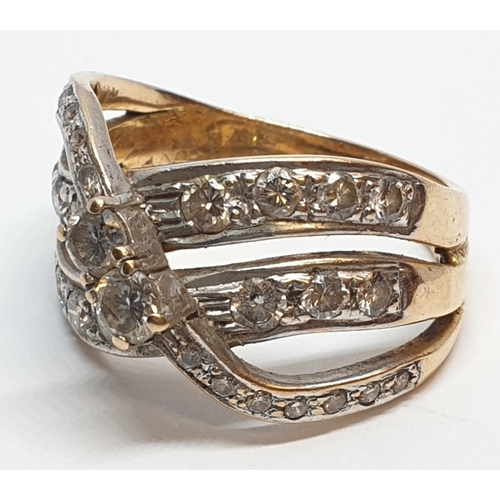 132 - 18ct Yellow gold diamond set fancy three row twist band ring. Weight 8.5g, Approx. 0.60ct of diamond... 