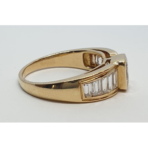 152 - Yellow gold ring with baguette cut diamonds, centre stone 0.85ct and further 0.50ct diamonds on each... 