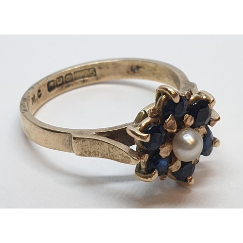 168 - 9ct Yellow gold sapphire and pearl cluster ring. Weight 2.8g, Size M.