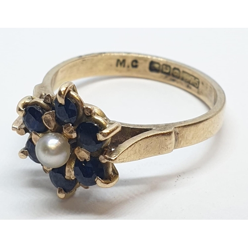 168 - 9ct Yellow gold sapphire and pearl cluster ring. Weight 2.8g, Size M.