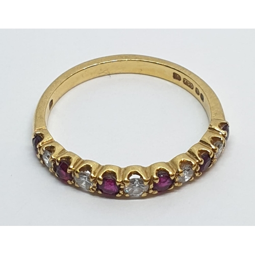 18 - 18ct Yellow gold diamond and ruby half eternity ring. Weight 2.3g, Size M.