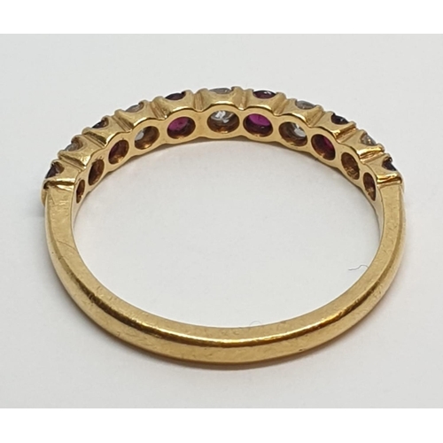 18 - 18ct Yellow gold diamond and ruby half eternity ring. Weight 2.3g, Size M.