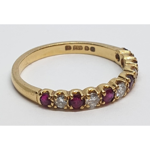 18 - 18ct Yellow gold diamond and ruby half eternity ring. Weight 2.3g, Size M.