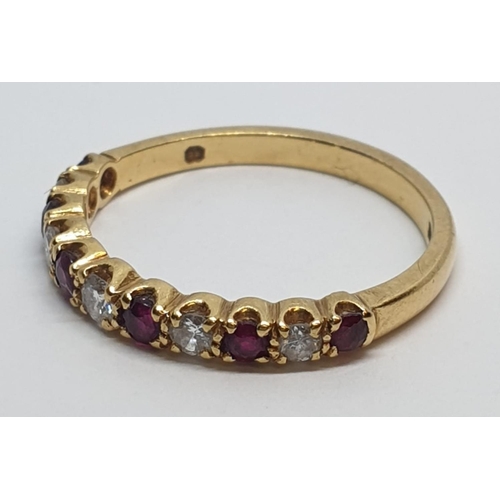 18 - 18ct Yellow gold diamond and ruby half eternity ring. Weight 2.3g, Size M.