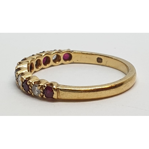 18 - 18ct Yellow gold diamond and ruby half eternity ring. Weight 2.3g, Size M.