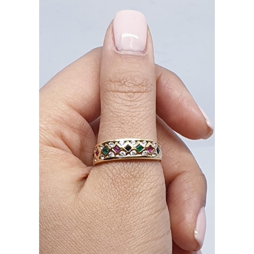 2 - 18ct Yellow gold diamond ruby, sapphire and emerald set fancy ring. Weight 4.3g, Size S.