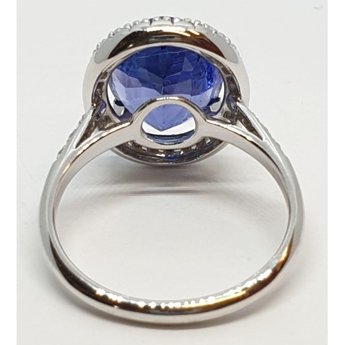 222 - 18ct white gold ring with 4ct tanzanite centre and encrusted diamond surrounding, weight 5.2g and si... 