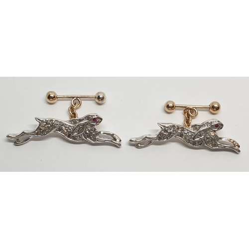 227 - Silver diamond and ruby set rabbit cufflinks. Width 3.7cm, Weight 9.37g.