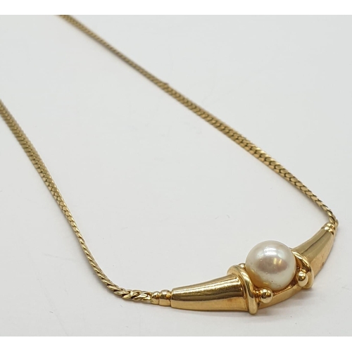 57 - 18ct Yellow gold collar necklace with a cultured pearl set. Weight 8.3g, Length 7.7cm.