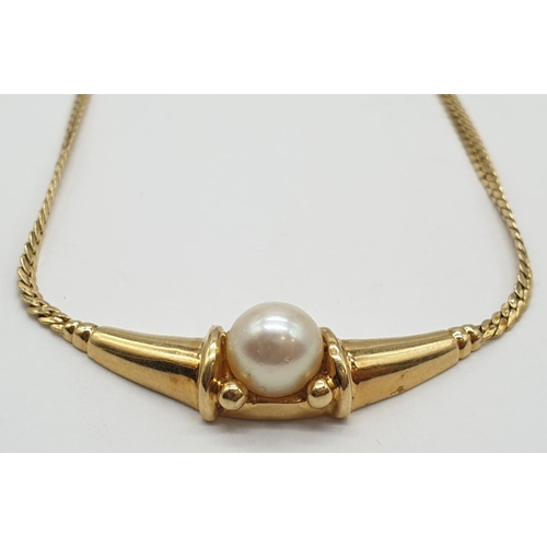 57 - 18ct Yellow gold collar necklace with a cultured pearl set. Weight 8.3g, Length 7.7cm.