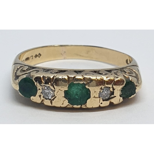 72 - 9ct Yellow gold diamond and emerald five stone ring Weight 2.8g, Size K.