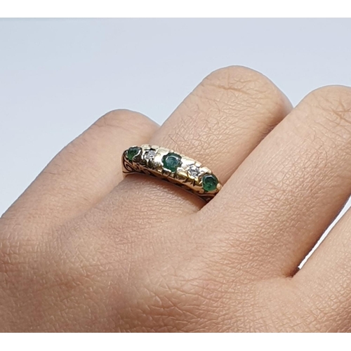 72 - 9ct Yellow gold diamond and emerald five stone ring Weight 2.8g, Size K.