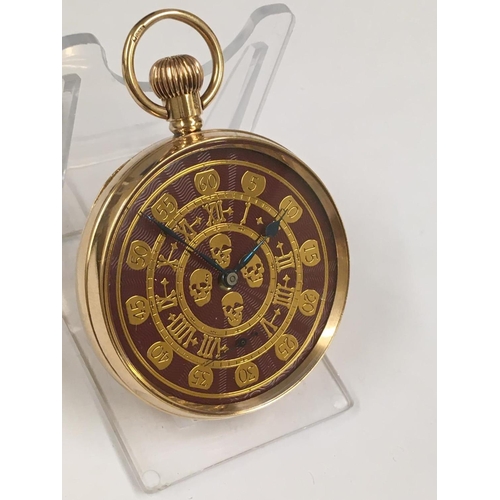 27 - Vintage 9ct solid gold gents Masonic memento mori pocket watch ,  guilloche  enamel dial with skulls... 