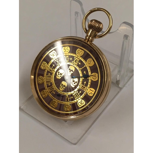 27 - Vintage 9ct solid gold gents Masonic memento mori pocket watch ,  guilloche  enamel dial with skulls... 