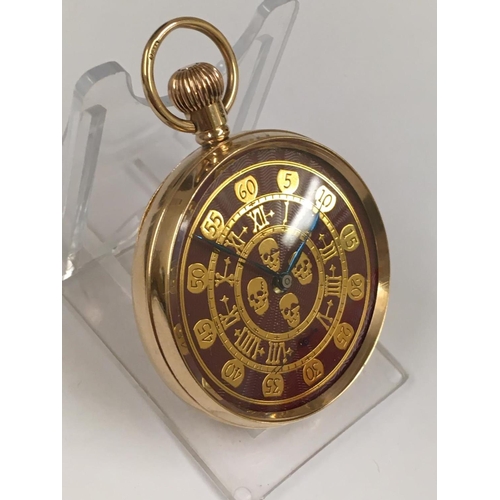 27 - Vintage 9ct solid gold gents Masonic memento mori pocket watch ,  guilloche  enamel dial with skulls... 