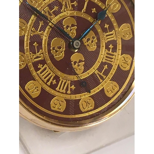 27 - Vintage 9ct solid gold gents Masonic memento mori pocket watch ,  guilloche  enamel dial with skulls... 