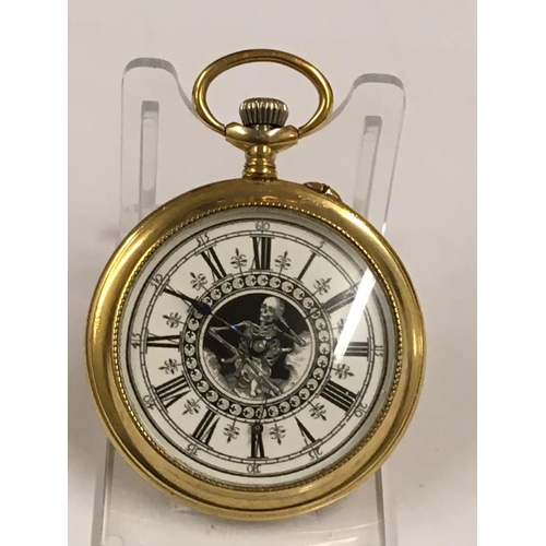 48 - Vintage yellow metal Masonic Memento Mori pocket watch WORKING (no guarantee)