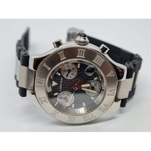 129 - Cartier diver watch chronograph 21 with roman numerals and rubber strap, 36mm case.