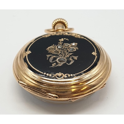 220 - 9ct Gold vintage pocket watch, white face with roman numerals. Diamond incrusted floral design on ba... 