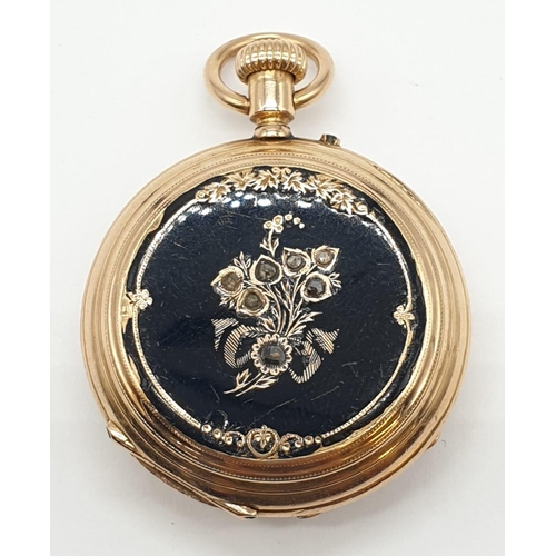 220 - 9ct Gold vintage pocket watch, white face with roman numerals. Diamond incrusted floral design on ba... 